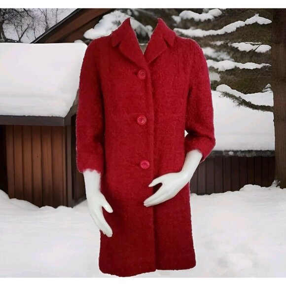 Vintage Jack Bloom Mohair Wool Boucle Coat Womens S Red Nubby Bracelet Sleeve - Picture 1 of 12